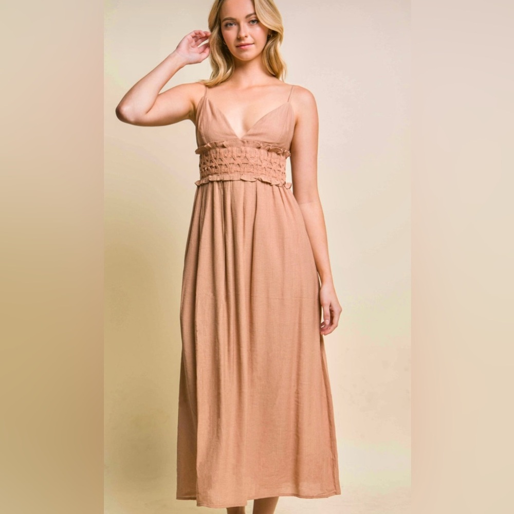 Acaza Persimmon Rust Smocked Crochet Lace Midi Dress